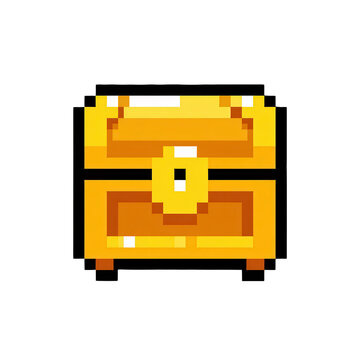 Pixel art golden treasure chest with open lid revealing coins in retro gaming style
