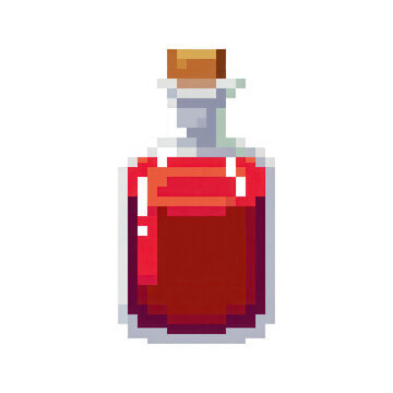 Pixel art red potion bottle with cork stopper for fantasy game or app icon design