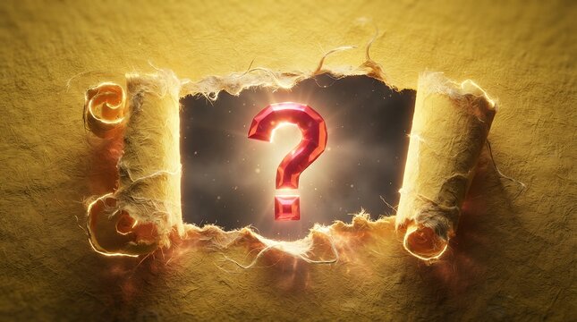 Mysterious glowing red question mark on ancient parchment, torn paper scroll revealing hidden secret, magical golden background with mystery symbol