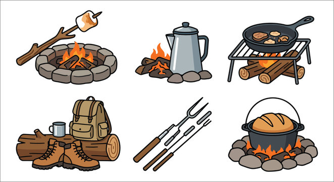 Camping equipment collection features a fire pit cooking tools and hiking gear in a cartoon style backpacking campfire
