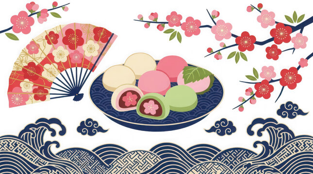 Traditional Japanese mochi sweets with cherry blossoms and decorative fan illustration transparent background
