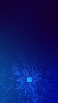 Electronic traces expand central microchip gradient, leaving space for text. machine learning, neural computing, hardware engineering, cyber security, automation software launch technology advertising