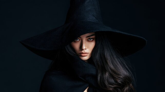 Mysterious young woman in dark wide-brimmed witch hat and cloak with long black hair in moody low light portrait