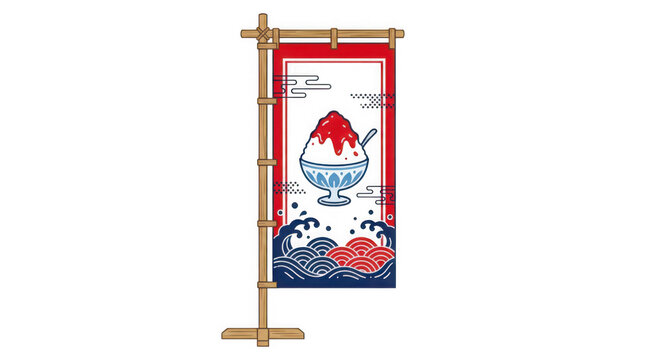 Traditional Japanese Noren Banner Featuring Delicious Shaved Ice Dessert Illustration transparent background