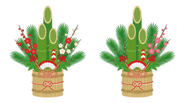 Traditional Japanese New Year Kadomatsu bamboo pine decorations with flowers transparent background