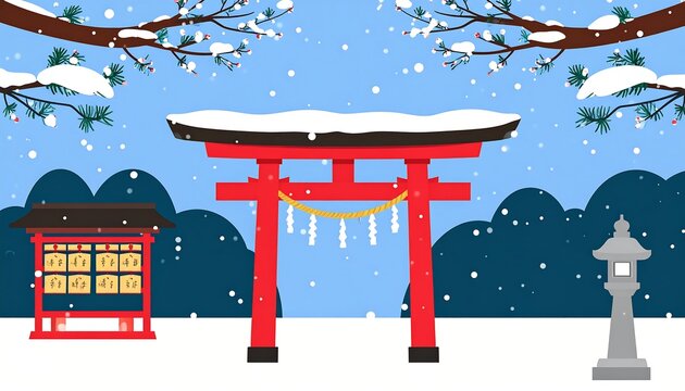 Red Torii Gate at Japanese Shinto Shrine Covered in Snow with Stone Lantern and Ema Rack Winter Landscape Illustration