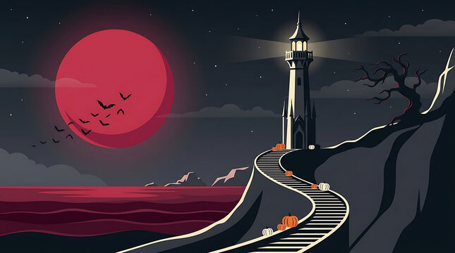 Gothic lighthouse vector illustration at night with spooky full red moon and winding cliff stairs