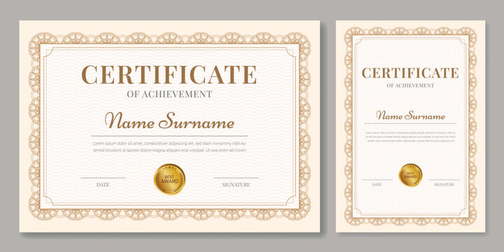 Set of 2 Elegant Certificate Templates with Decorative Border, Golden Seal. Golden Diploma in Horizontal and Vertical Layout.