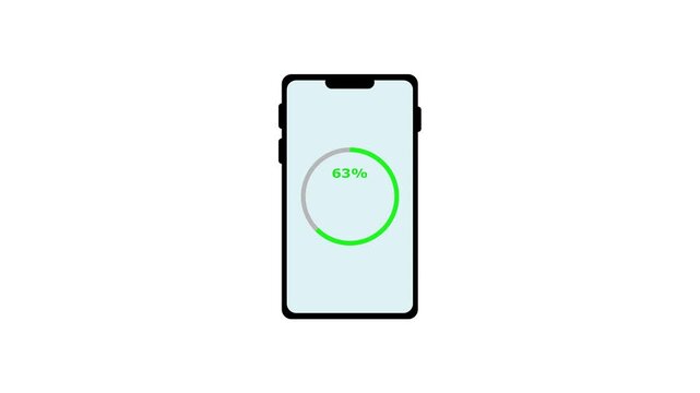 Smartphone animation displays a circular loading bar on screen. Mobile device software buffering telemetry updates on smartphone. Cellular application status tracking runs through the phone.