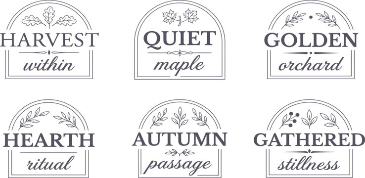 Set of six vintage style autumn themed typography labels with floral decorative elements on a white background