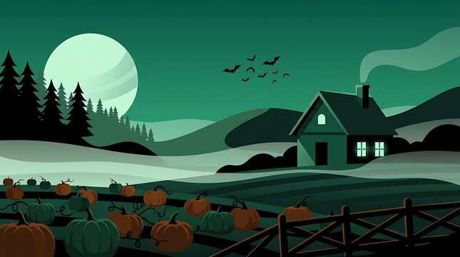Halloween vector illustration with pumpkin patch, haunted house, bats, and full moon in a green night landscape
