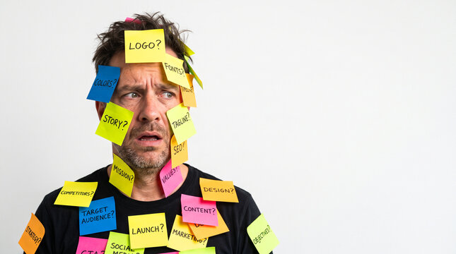Overwhelmed man covered in sticky notes with business questions, isolated on white background