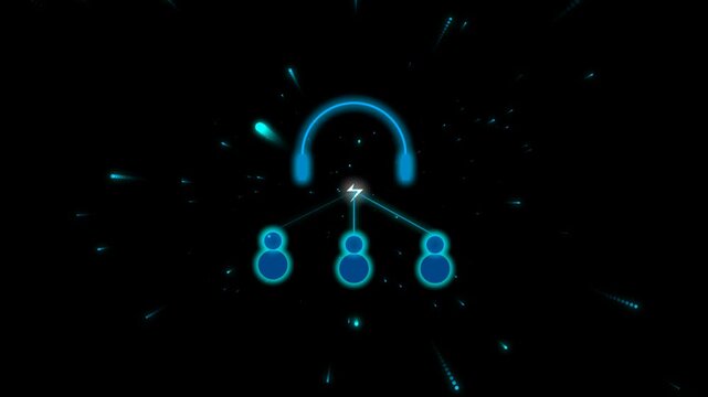 Glowing blue neon headphones icon connected to three user avatars representing a communication network and digital audio streaming concept on a dark space background 4k Motion Video