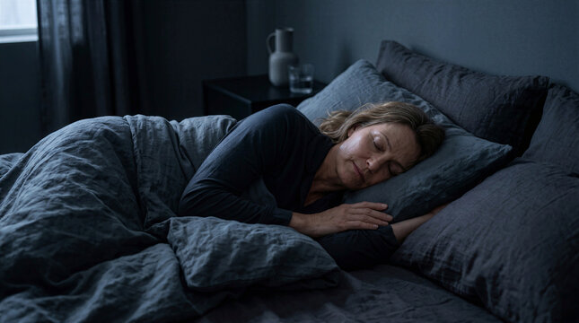 Middle Aged Woman Sleeping Peacefully in Cozy Bed with Dark Linen Bedding, Comfortable Bedroom Interior, Relaxed Female Resting During Night, Serene Sleep Concept, Home Lifestyle, Longevity, Wellness