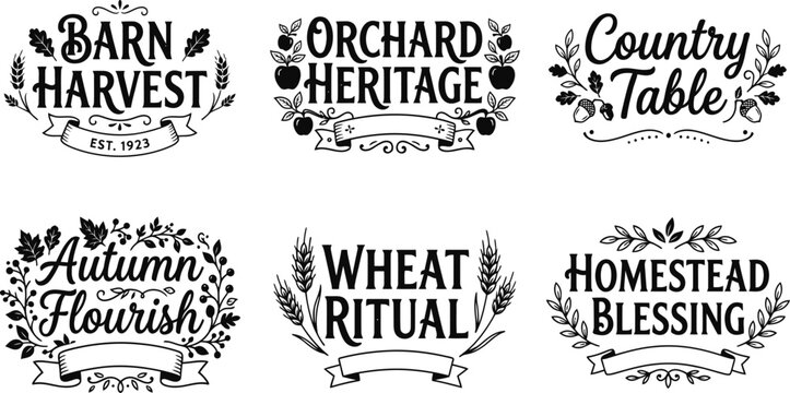 Set of rustic vintage typography badges for farm harvest and organic food branding and labels