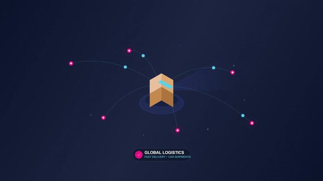 Conceptual illustration of global logistics and shipping network with a package connected to distribution points on a dark background