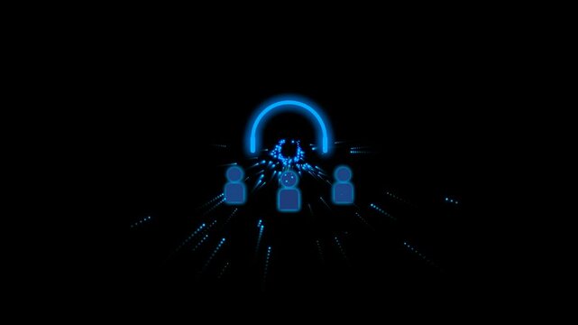 Abstract glowing blue digital icon showing a user group with headphones on a black background representing music community and online communication technology concept 4k Motion Video