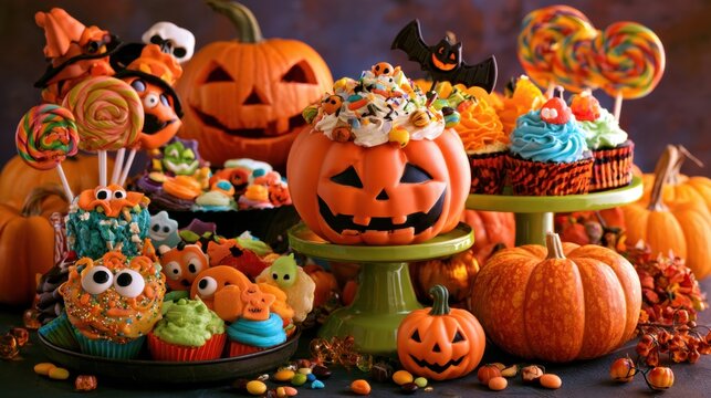 Colorful Halloween pumpkin themed cupcakes with frosting and candy decorations on festive display with jack o lantern and fall elements