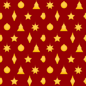 Seamless pattern with gold Christmas ornament of stars, mittens, trees, baubles. Vector illustration. Background, wallpaper, wrapping paper, textile, fabric.