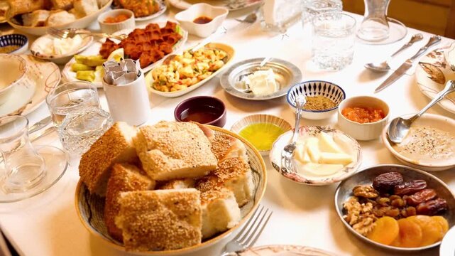Traditional Turkish breakfast spread served on a white table for brunch
