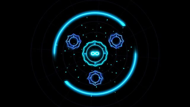 Glowing blue infinity symbol inside a digital gear shape with rotating light rings and particles on a dark background for futuristic technology and science concepts 4k Motion Video