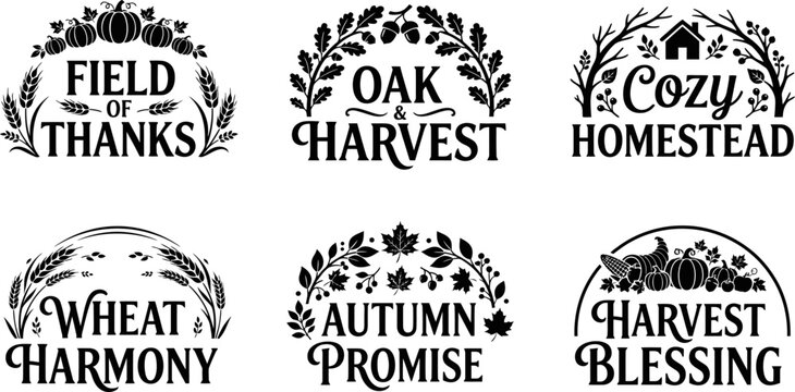 Set of six rustic autumn harvest themed typography labels with floral wreaths and decorative farm house elements