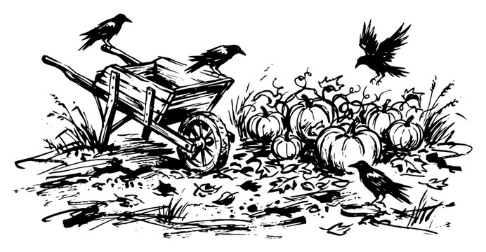 Wooden wheelbarrow in pumpkin patch garden with crows ink sketch vector illustration