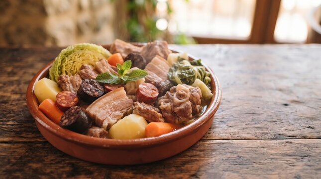 Tradicional Cozido &agrave; Portuguesa com Carnes, Enchidos e Legumes em Prato de Barro. Mesa com copy space