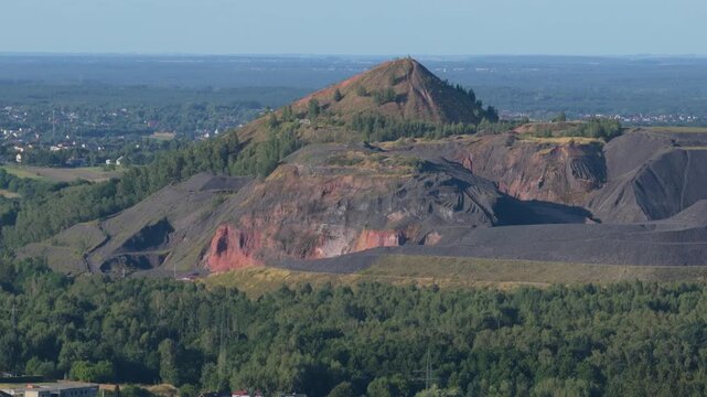 Aerial view of a huge spoil tip and former mining landscape in an industrial area