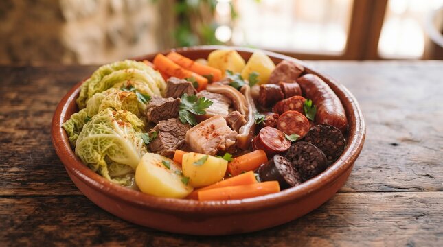 Tradicional Cozido &agrave; Portuguesa com Carnes, Enchidos e Legumes em Prato de Barro. Mesa com copy space