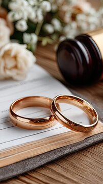 Two wedding rings on legal papers beside a gavel and flowers symbolize love and commitment in a formal setting