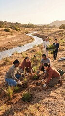Fototapeta premium Diverse volunteers planting trees by a river in a dry landscape for environmental conservation