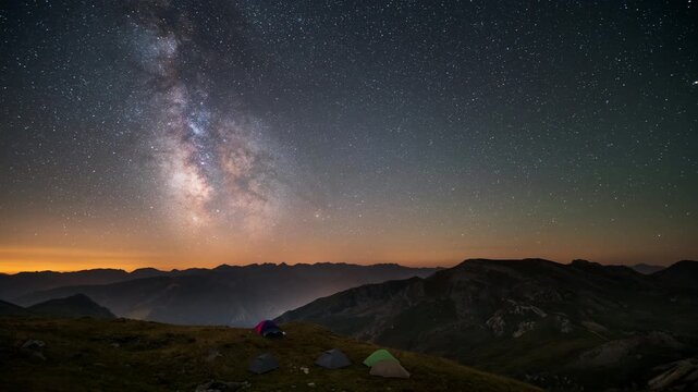 Colorful tents sit on a high ridge as the Milky Way core rises over dark mountain peaks and a faint glowing horizon.