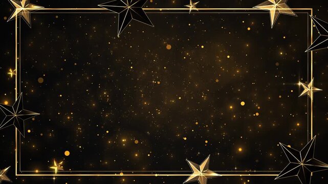 Golden geometric stars floating glitter frame clear space text logos. holiday greetings, award events, festive invitations, luxury promotions, New Year messages, celebration intros elegant title cards