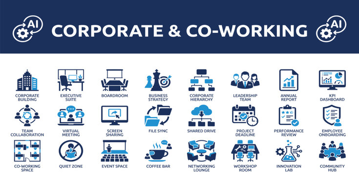 Corporate and co working icon set. Featuring workspace, hybrid work, business collaboration, startup and conference. Vector icons for office posters, 