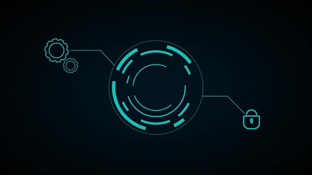 Digital interface animation connects industrial gears and padlock. Automated data privacy protection guards the digital interface. Encrypted computer access clears the digital interface.