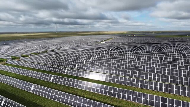 Aerial view of large solar farm across Alberta prairie near Jenner, Canada