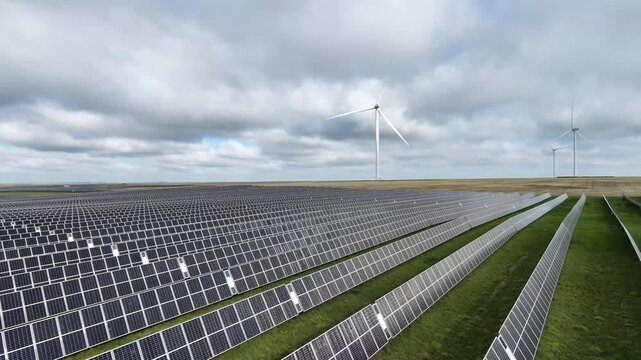 Symmetrical aerial view of solar panels with wind turbines near Jenner, Alberta, Canada