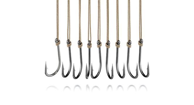 Shiny Metal Fishing Hooks Hanging from Ropes in a Row
