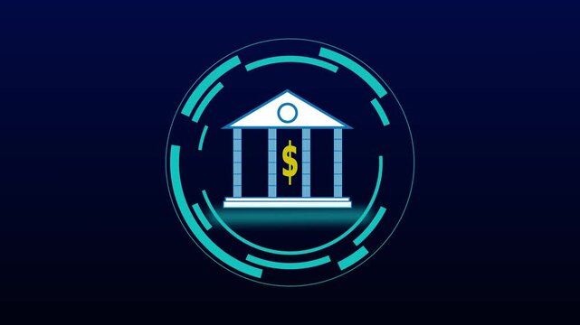 Bank icon animation displays a currency sign inside circular rings. Financial investment returns reflect on the bank icon animation. Commercial monetary banking success powers the bank icon.