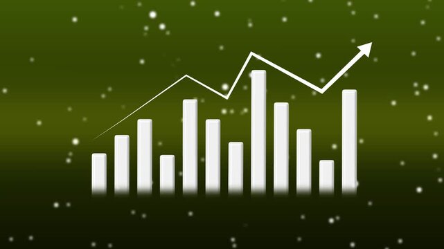 Bar graph animation rises with an upward arrow amidst bokeh lights. Corporate financial analytics track on this active bar graph. Profitable economic growth drives the rising bar graph.