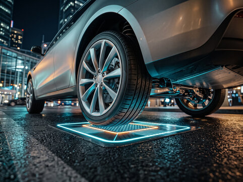 innovative modern wireless inductive charging pad for electric automobile on the road in night city with beautiful bright illumination under vehicle wheel during battery charge process