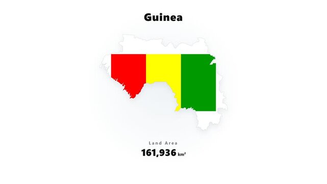 Guinea map silhouette with flag color stripes and numeric infographic callout on white background, centered with subtle shadow and soft vignette for education lessons