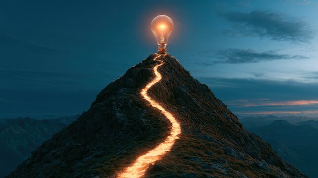 Illuminated path winding up mountain leading to glowing light bulb symbolizing bright idea guidance and inspiration in dark twilight landscape