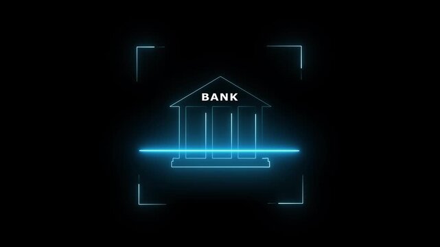 Bank building icon animation displays architecture title on dark. Commercial finance banking services guide the bank building icon. Corporate monetary capital uses the bank building icon.