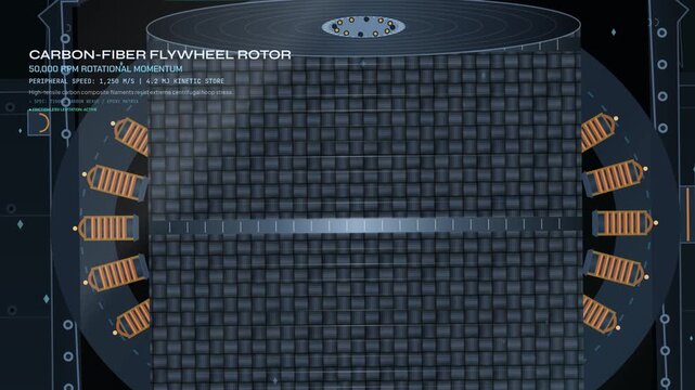 2D animation of a kinetic energy storage flywheel stabilizer system, showing carbon fiber rotor, magnetic bearings, and grid synchronization for metropolitan power blackout prevention