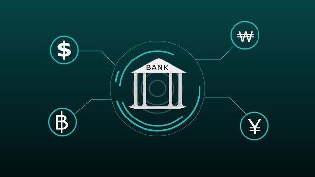 Bank building animation connects to currency symbols on dark space. Global monetary financial exchange routes on the bank building. International capital investments drive this building.