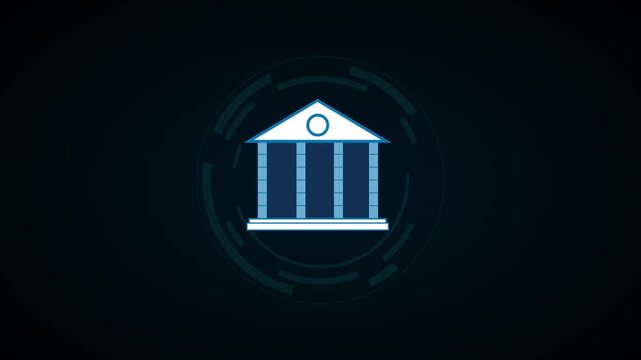 Bank building icon animation rotates with circular telemetry rings. Corporate financial market analytics track on the bank building. Commercial monetary banking services guide this building.