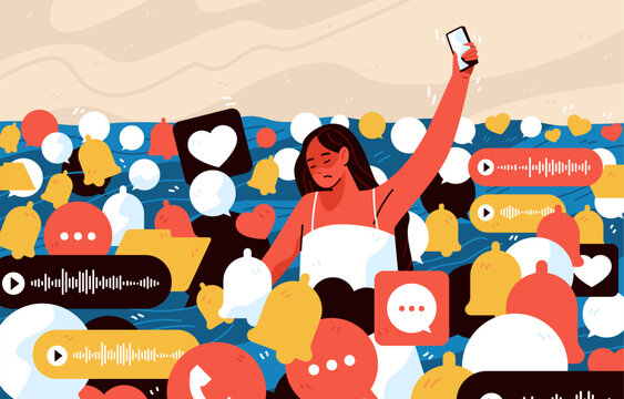 Notification overload digital stress overwhelmed woman drowning in social media alerts icons messages and notifications modern flat website banner