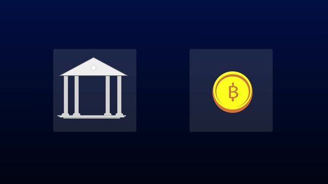 Bank building animation connects to cryptocurrency tokens on dark. Decentralized monetary finance trading links the bank building. Blockchain currency transactions route through the building.